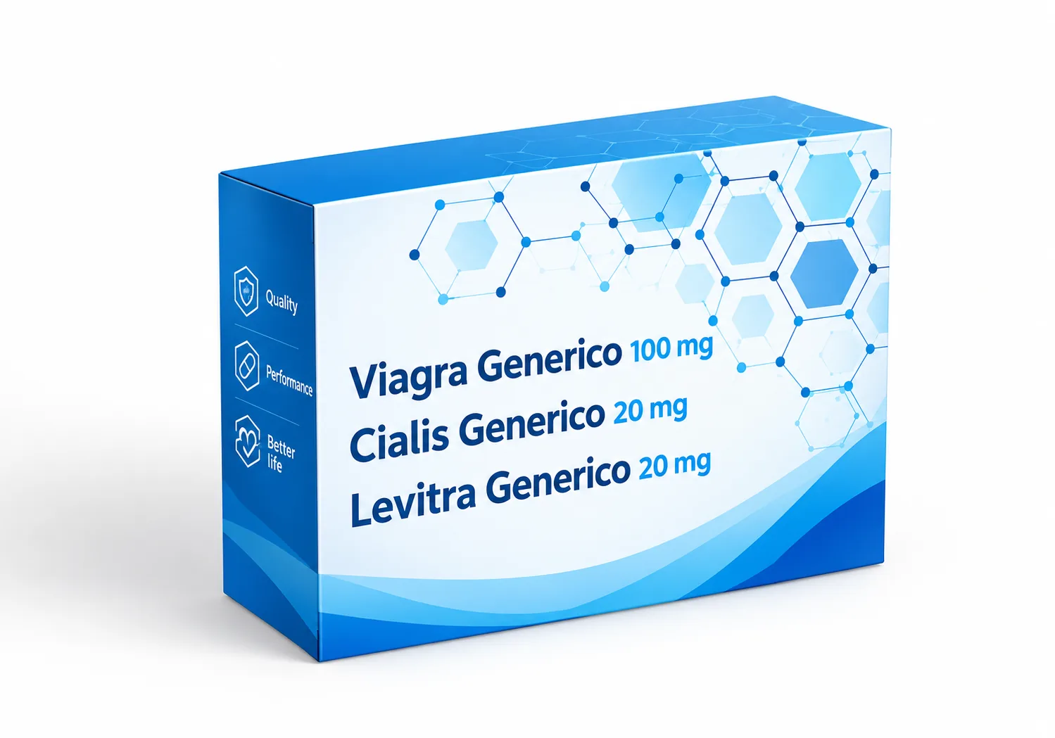 Pack Generico per il trattamento della DE: Viagra Generico 100 mg, Cialis Generico 20 mg, Levitra Generico 20 mg